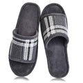 Men's grey open-toe slippers with plaid strap and cushioned slide sole