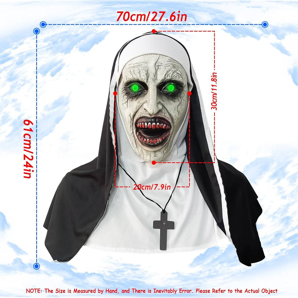 Horror nun full-head mask with hood, pale face, glowing green eyes, open mouth, cross charm