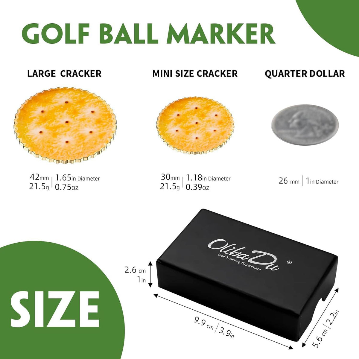 Golf ball marker size guide showing large, mini, and quarter-dollar options