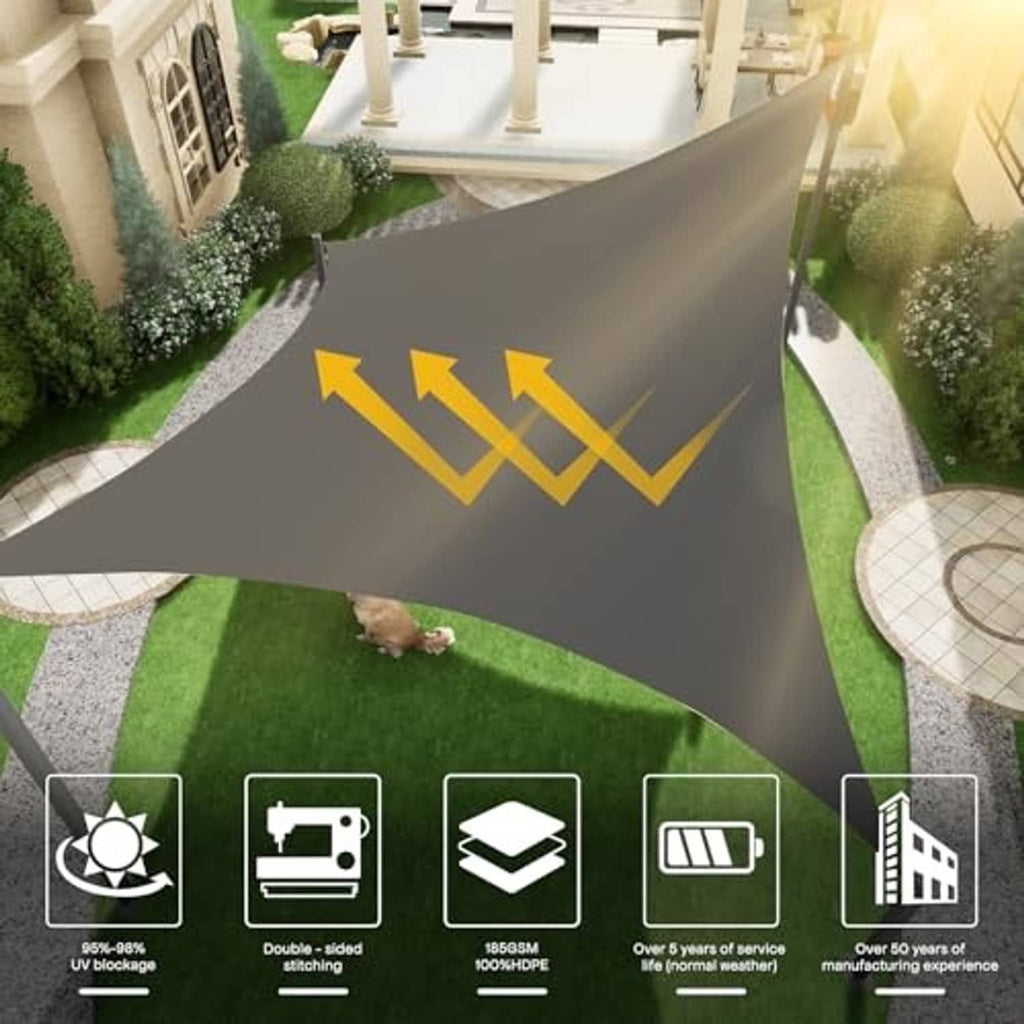 Dark gray shade sail with double-stitched and UV-blocking feature icons overlay.