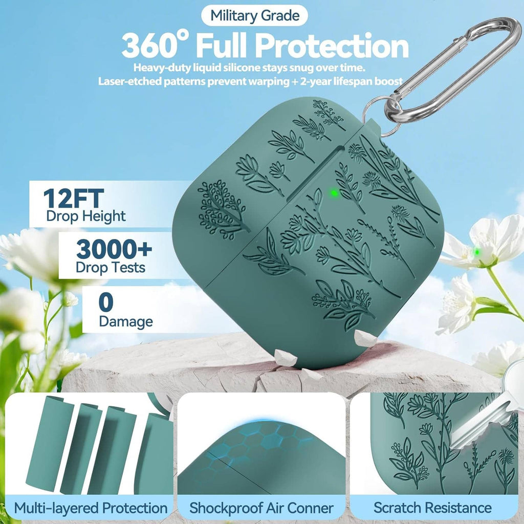 Teal silicone AirPods case with embossed floral pattern, side view with silver keyring