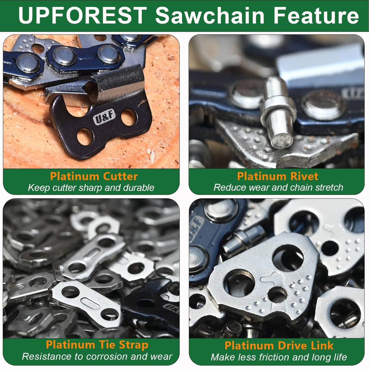 UPFOREST sawchain feature close-up set: platinum cutter, rivet, tie strap, drive link