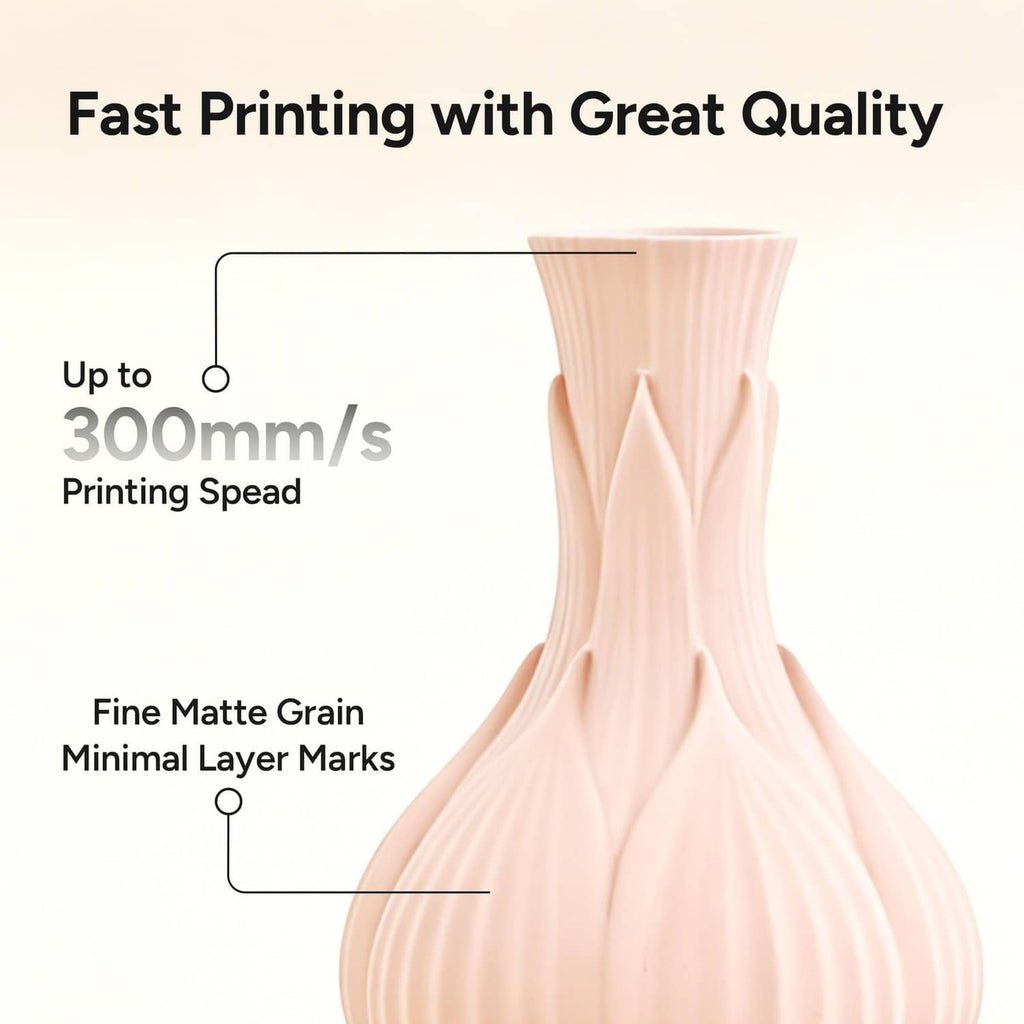 Matte PLA filament printed into a smooth, fine-grain vase form in light pink