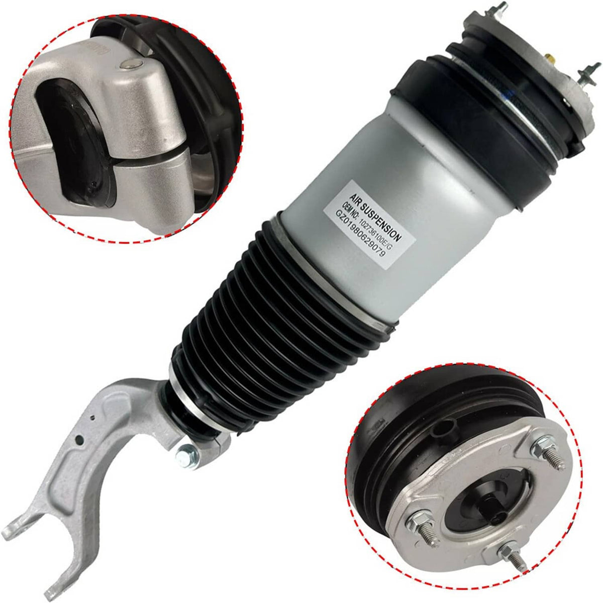 Front air suspension shock strut with mounting bracket and black air spring top