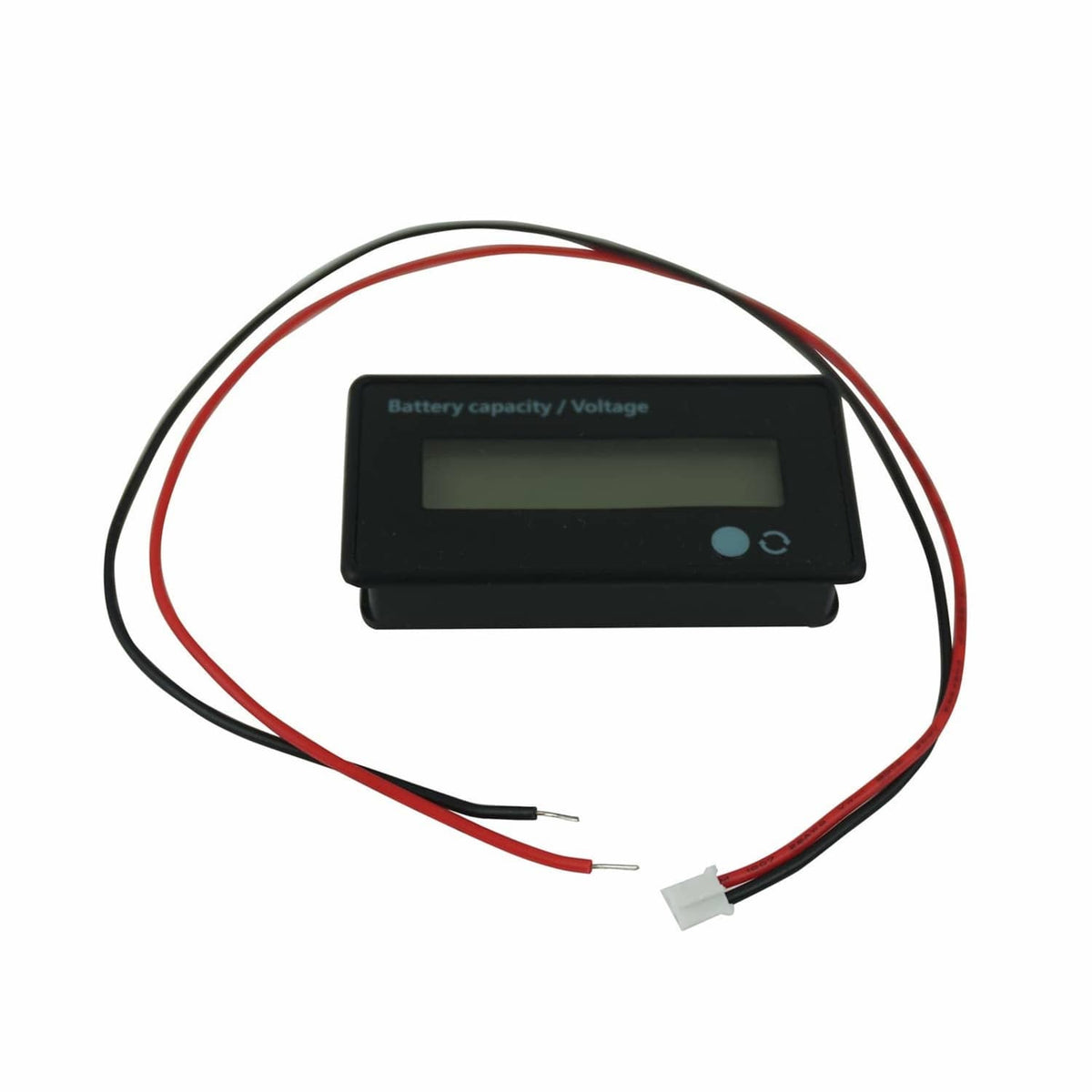Black battery capacity/voltage LCD meter with red and black lead wires attached