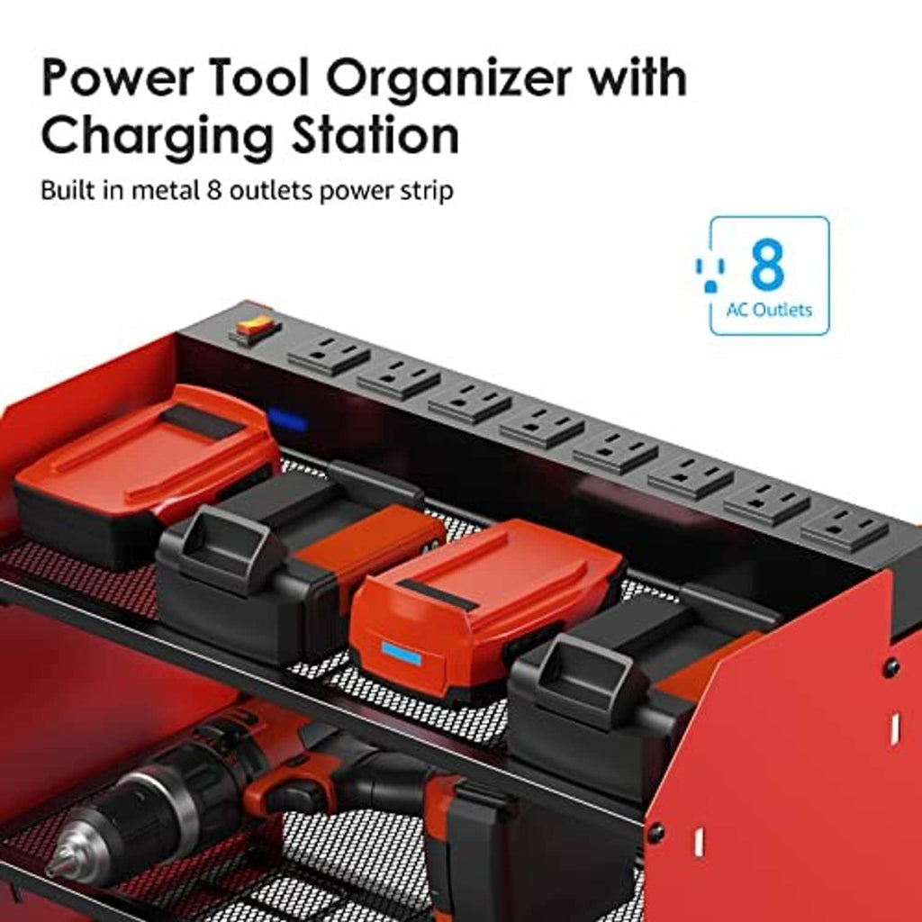 Red organizer top charging strip with multiple outlets and orange tool battery holders