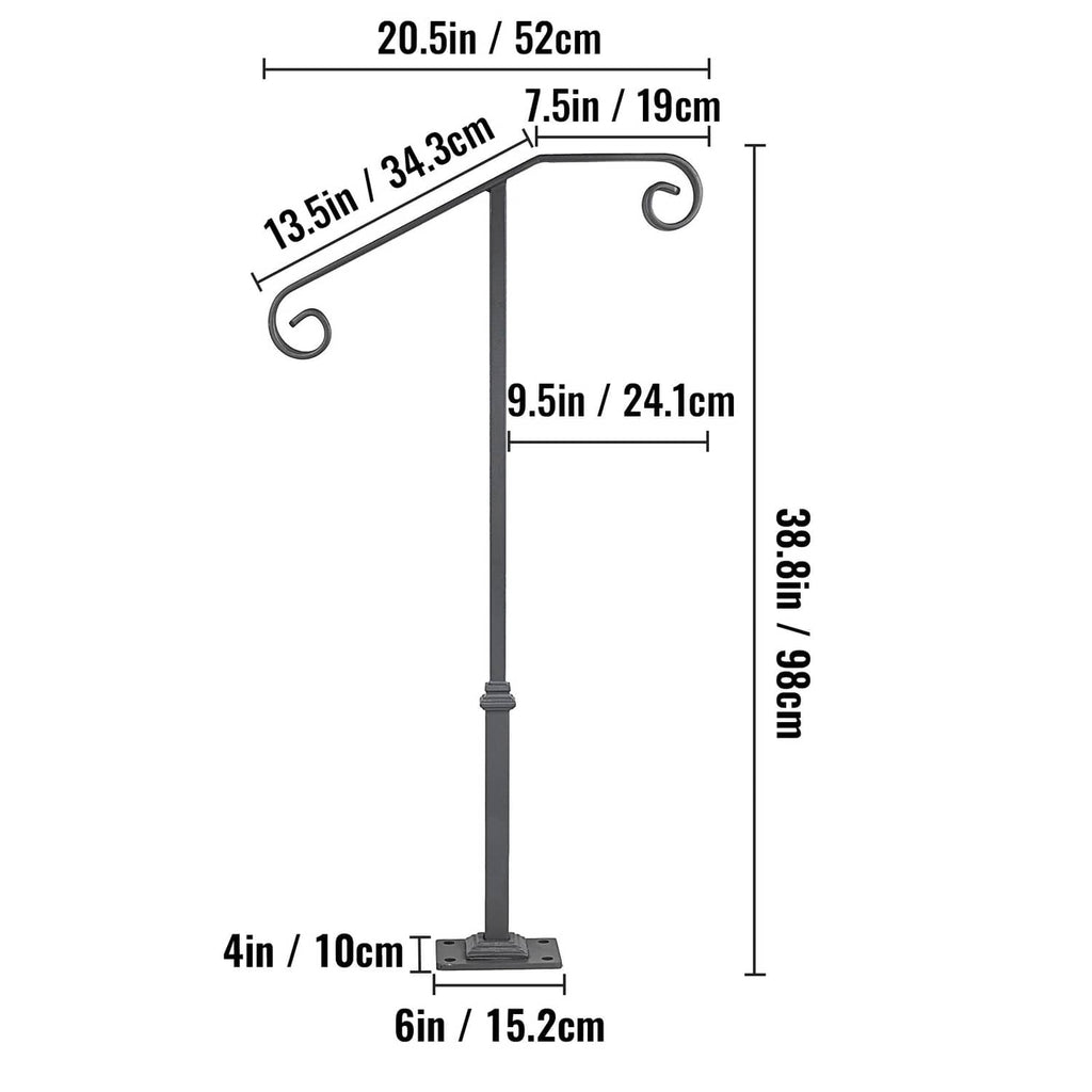 Matte gray handrail measurements diagram with curved top rails and square base.