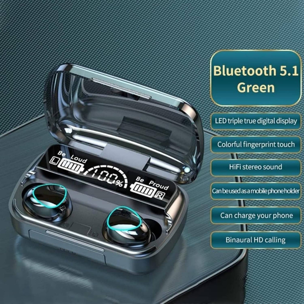 Wireless earbuds with charging case, teal accents and glossy dark finish