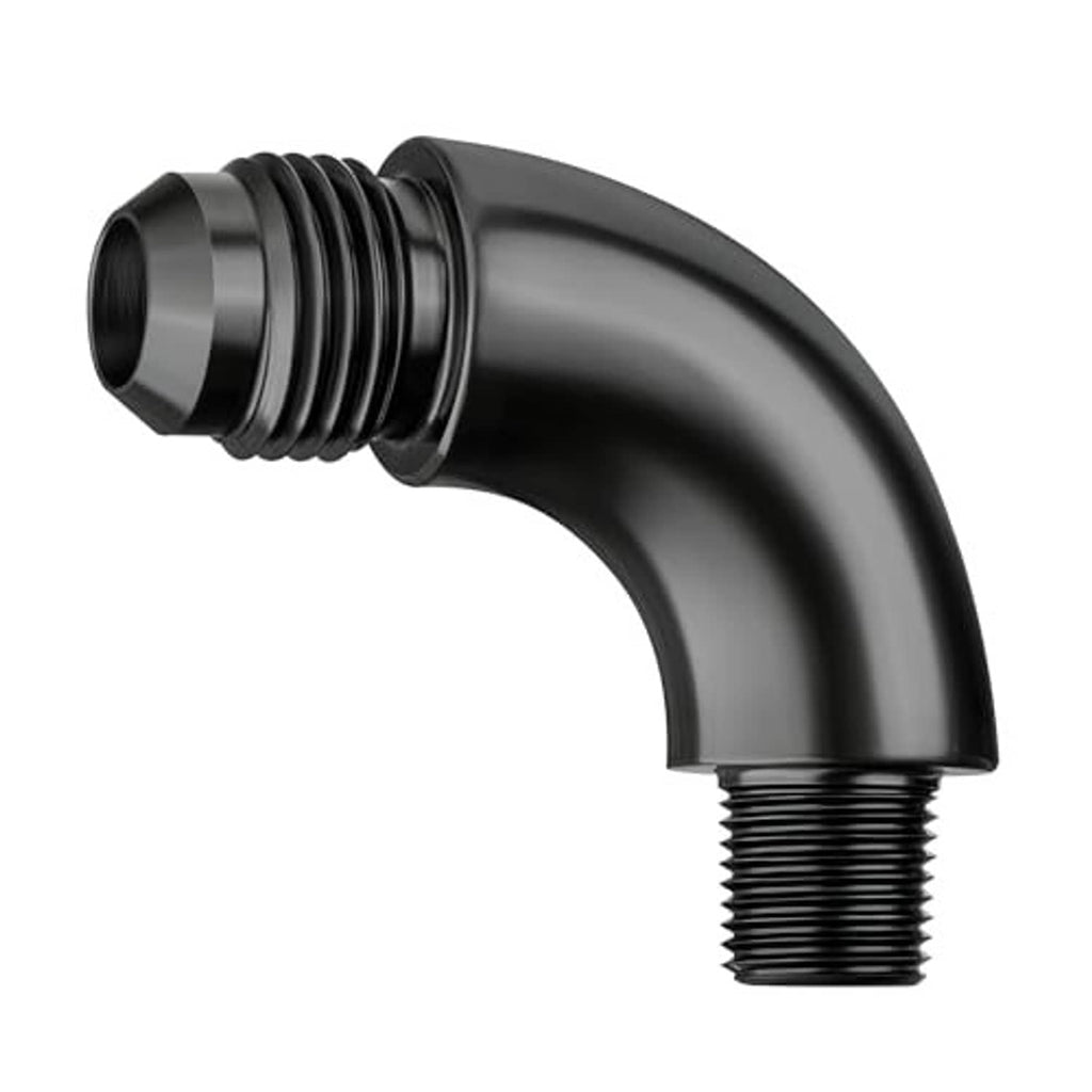 Black 90° AN to 1/8 NPT male elbow fitting, curved profile with male NPT threads