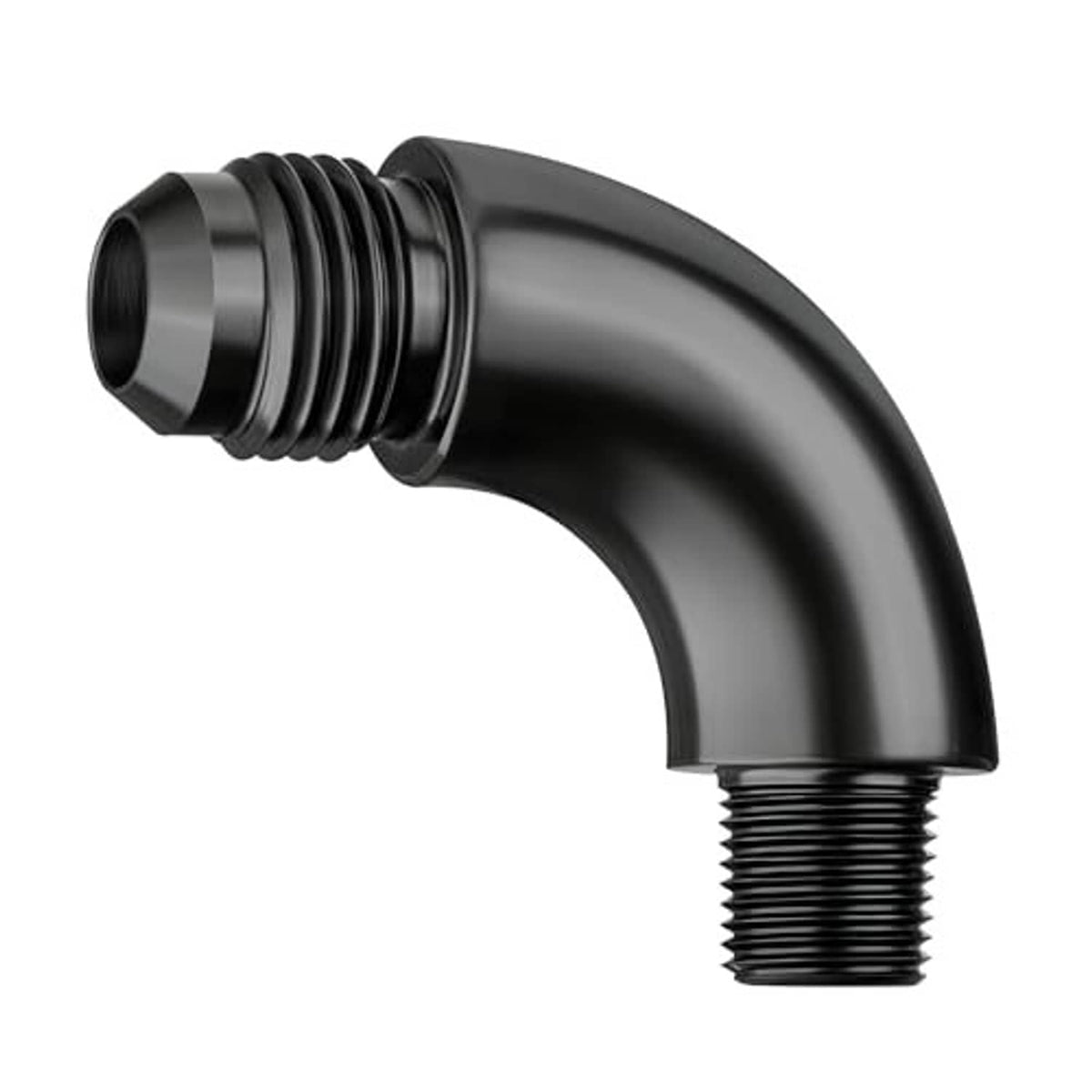 Black 90° AN to 1/8 NPT male elbow fitting, curved profile with male NPT threads