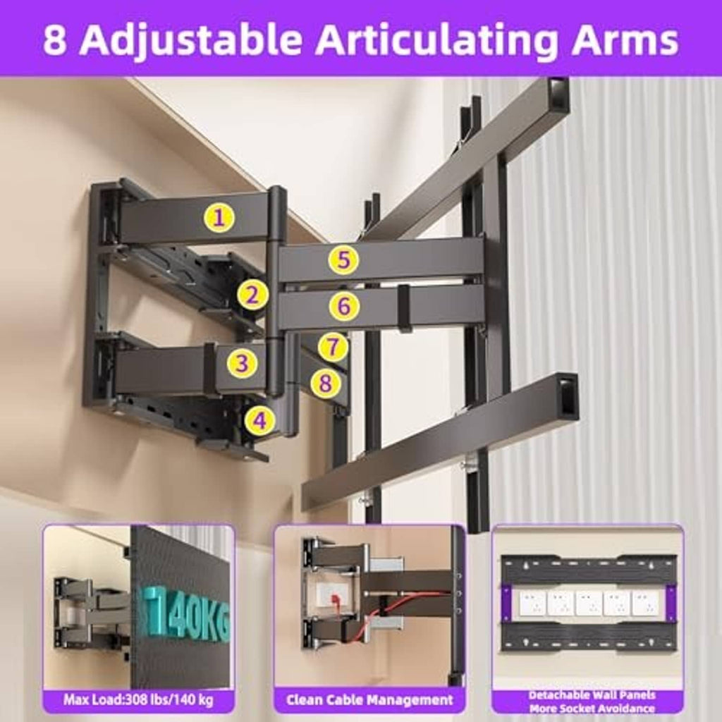 TV wall mount with multiple articulating arms and adjustment links, black metal