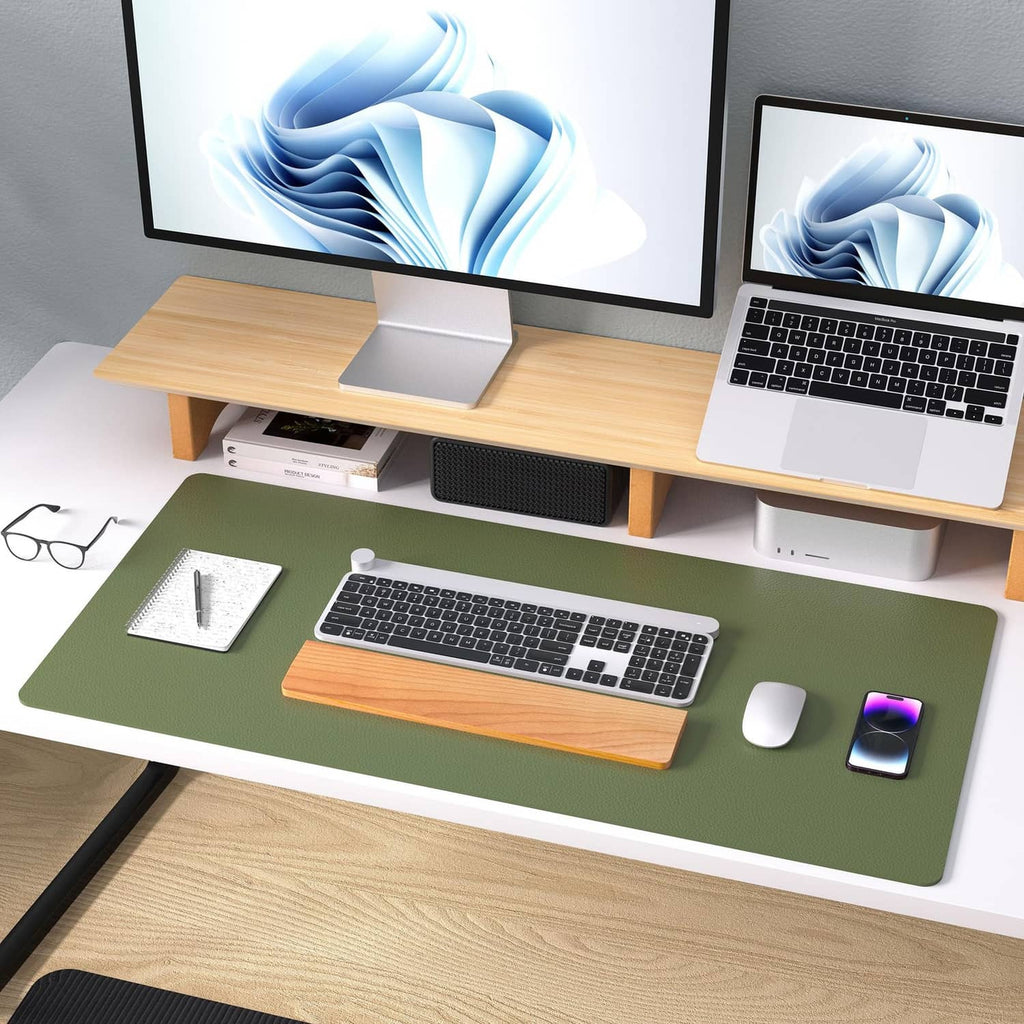 Olive green desk protector mat with non-slip surface for keyboard and mouse