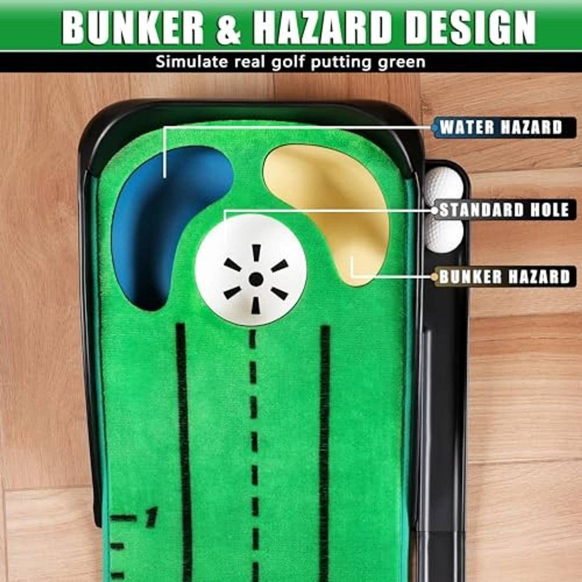 Green putting mat with blue water and beige bunker hazard sections and a central target