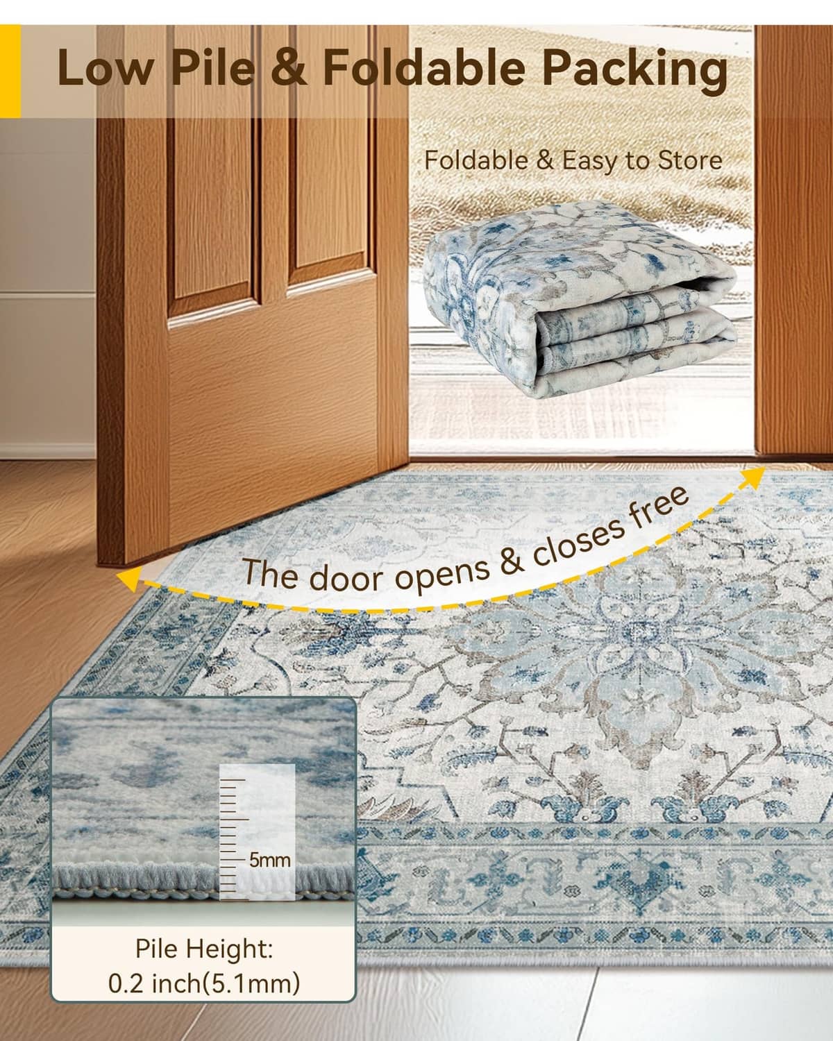 Folded blue/white/gray washable area rug with bound edge for easy storage