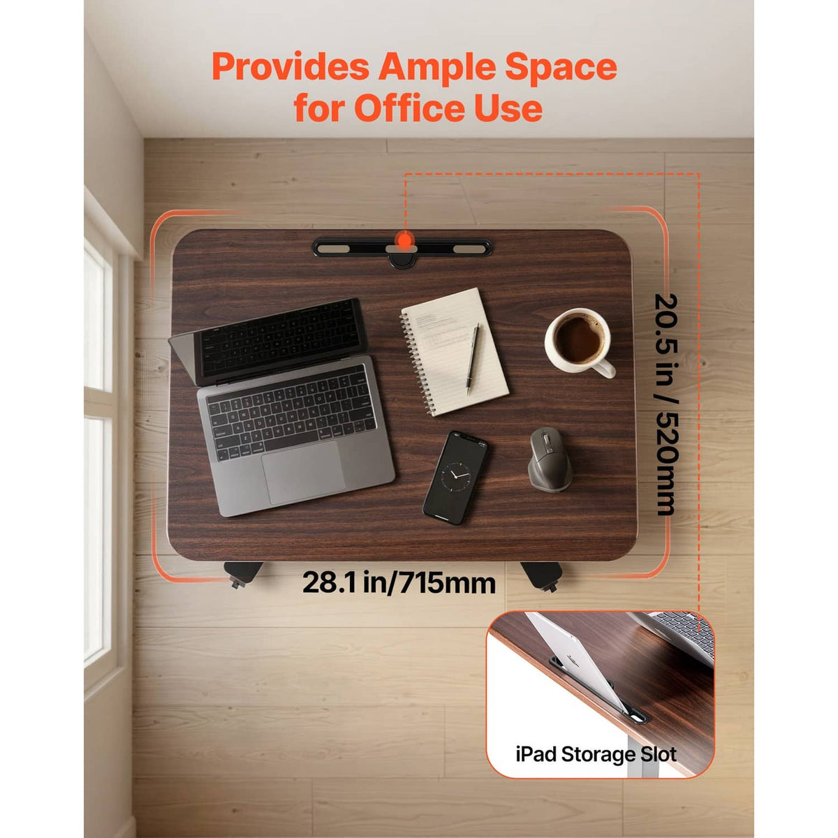 Dark wood tabletop standing desk with laptop-ready surface and sturdy base