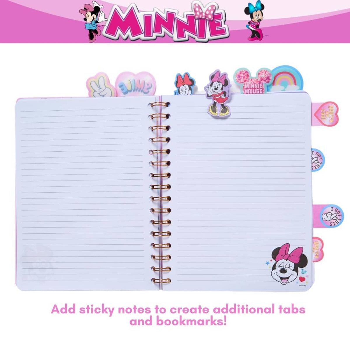 Minnie Mouse lined spiral notebook open with pink tabs and character sticker accents