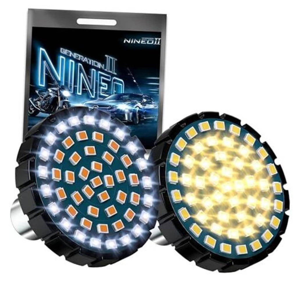 Pair of 1157 LED turn signal bulbs with white and amber LED rings, black base