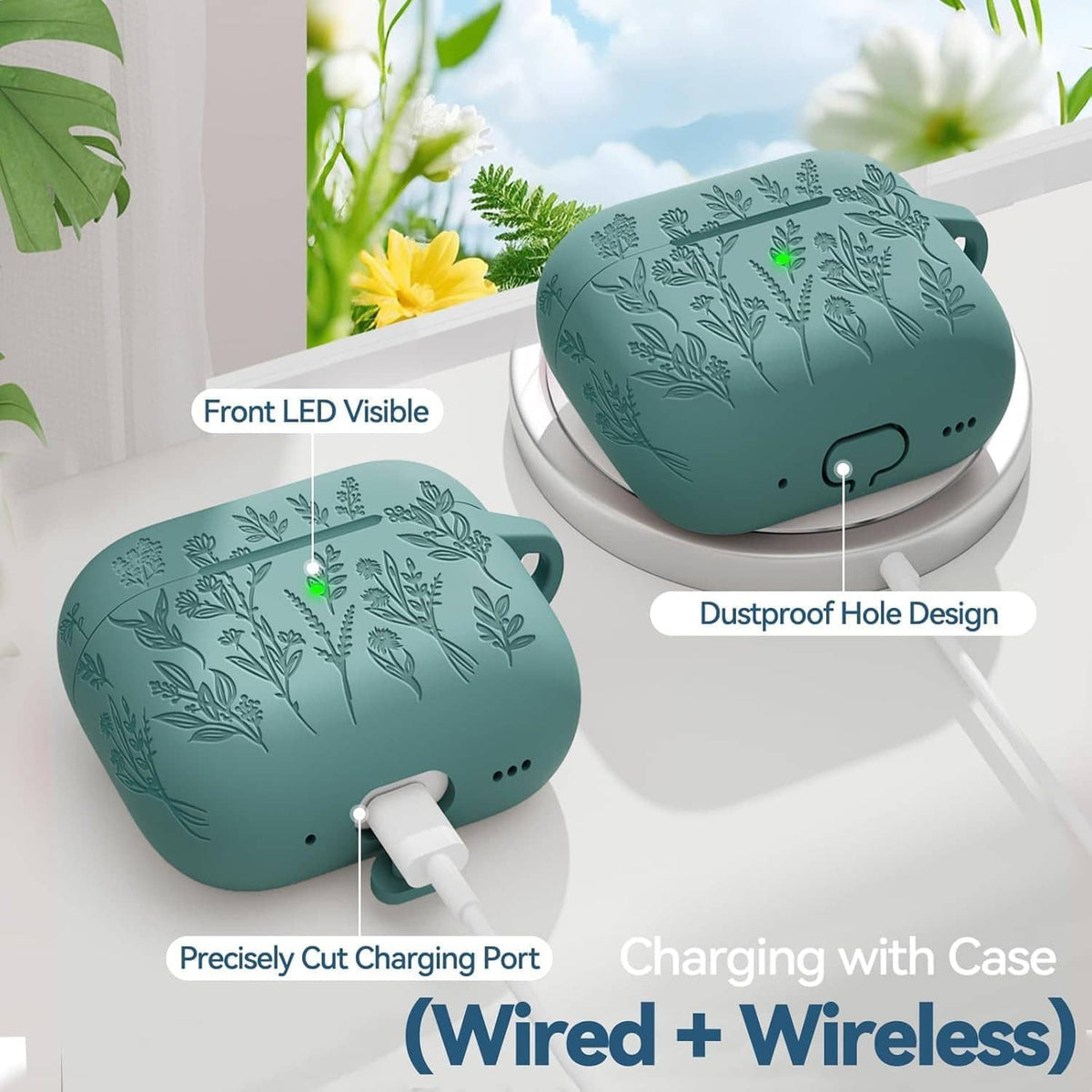 Teal silicone AirPods case with engraved floral pattern, visible ports, and keyring clip