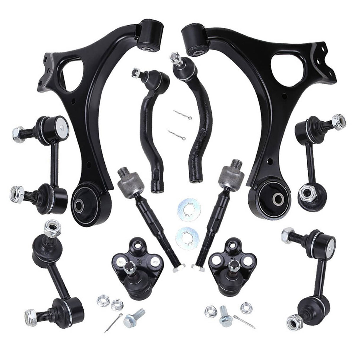 Front suspension lower control arm kit components with black arms and assembled joints