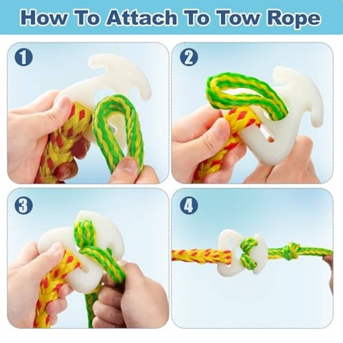White tow-rope quick connector with red-yellow braided rope, hands attaching