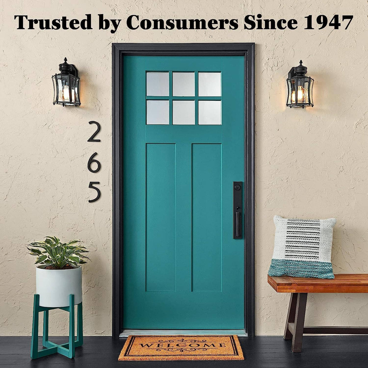 Camouflage-style paint project: teal front door with wall-mounted planters