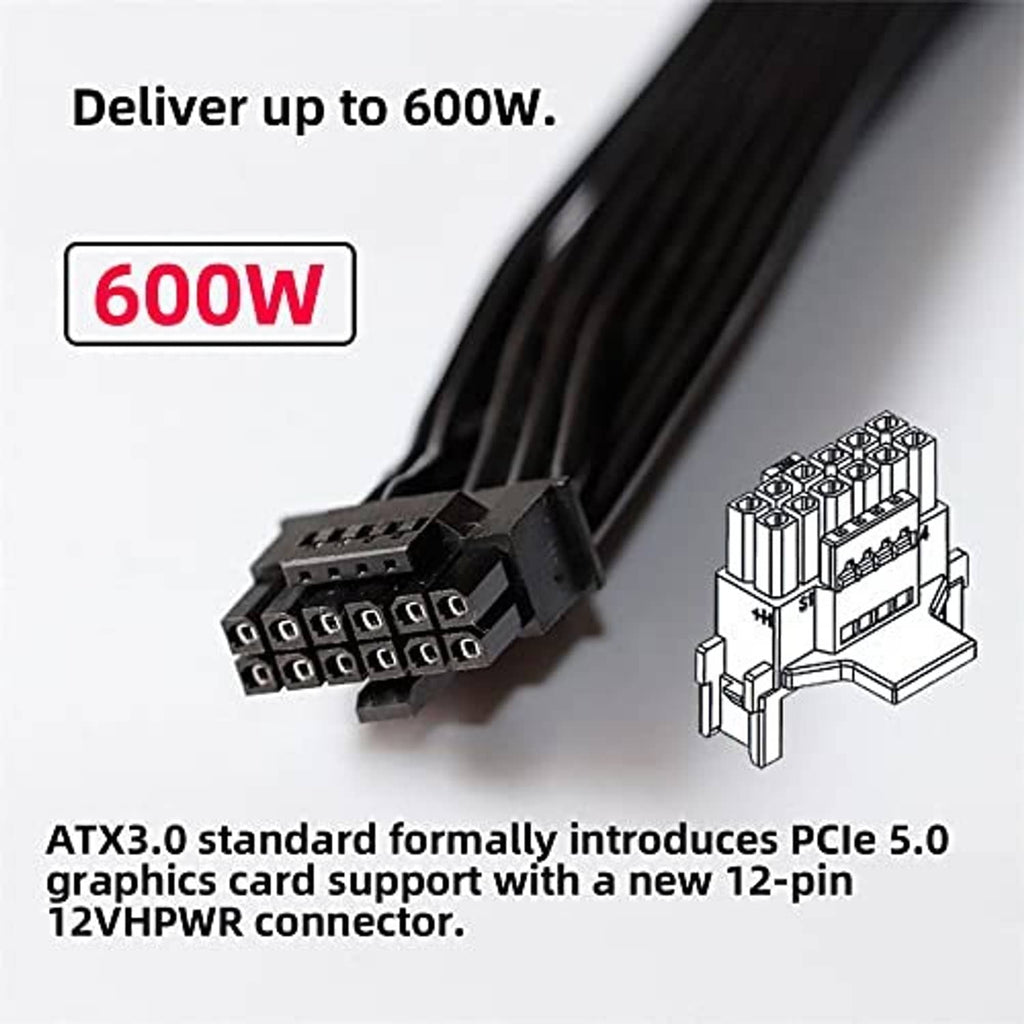 Black 12VHPWR power cable connector with strain-relief, rated up to 600W
