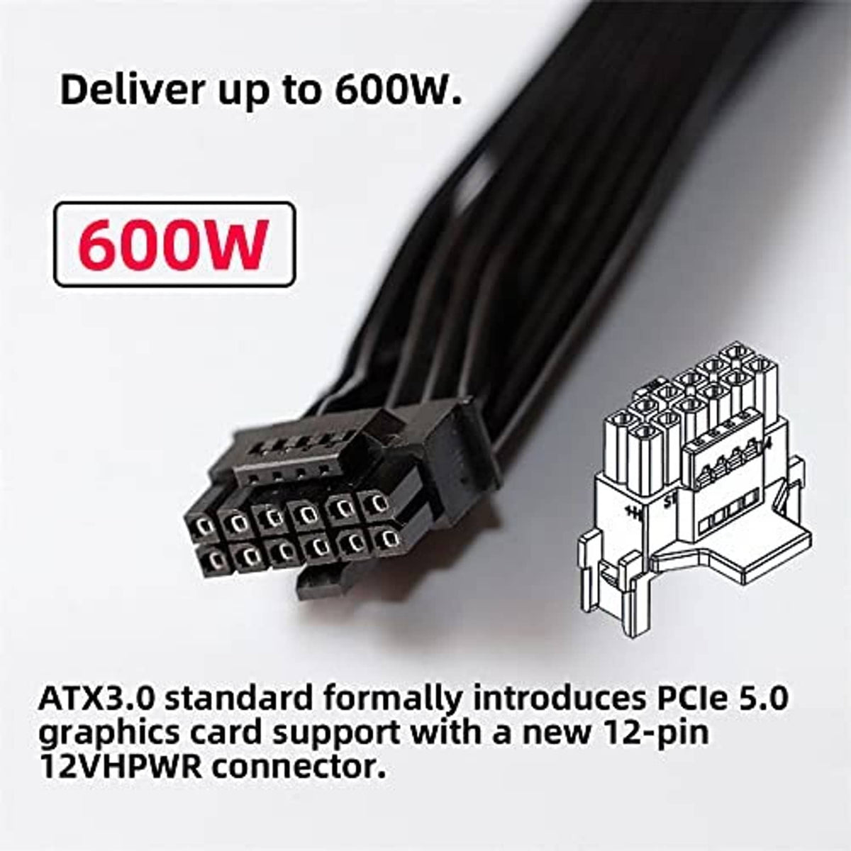 Black 12VHPWR power cable connector with strain-relief, rated up to 600W