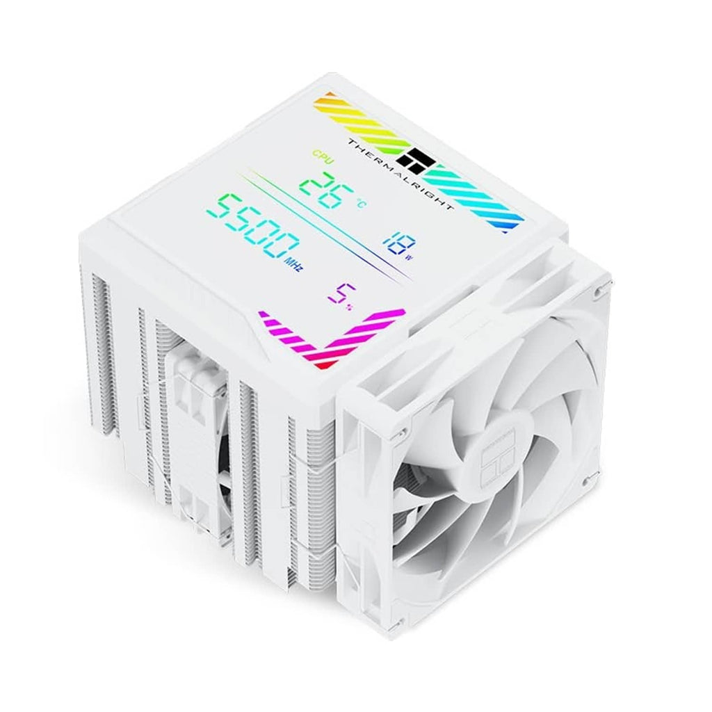 White tower CPU air cooler with dual fans and top ARGB digital screen in angled view