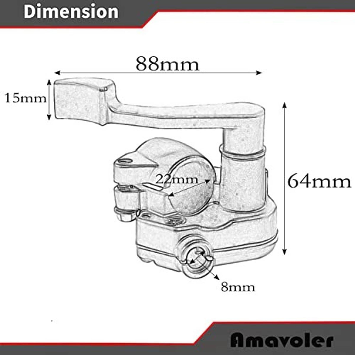 Throttle lever thumb control handle shown with measurements on a diagram