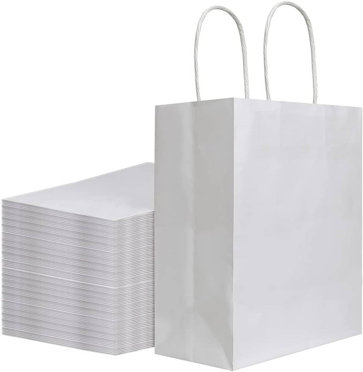 Bulk pack of white kraft paper gift bags with two rope handles