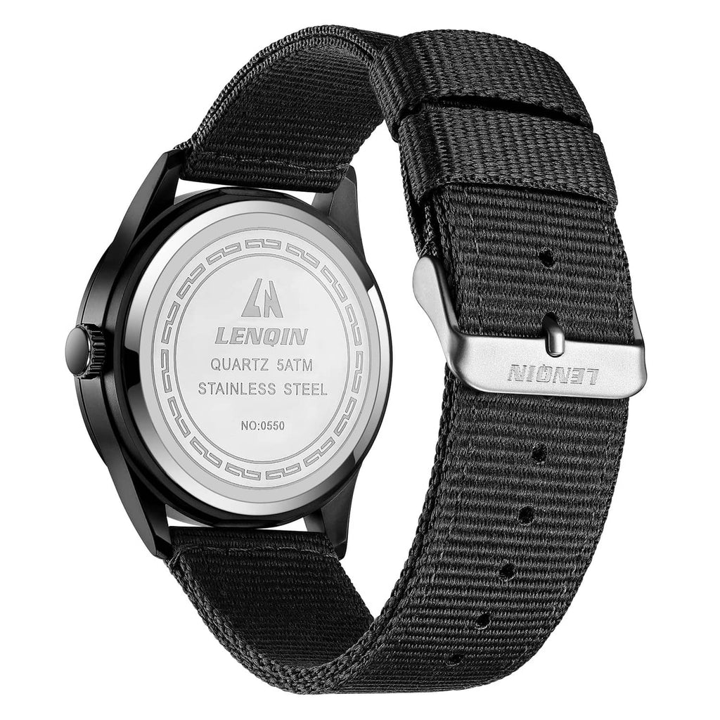 Black watch case and clasp with black nylon strap, underside view