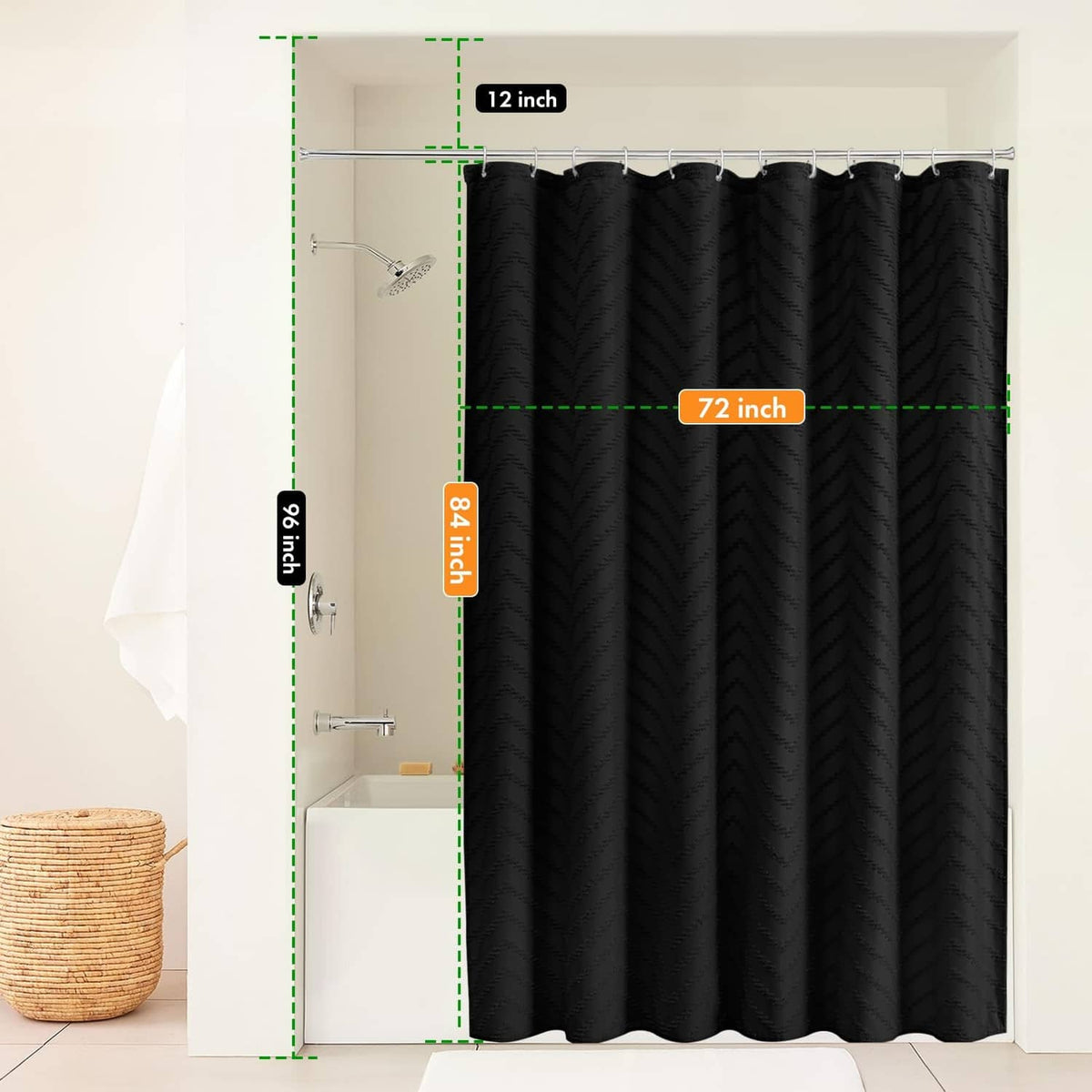 Black shower curtain panel with vertical chevron texture and grommet top header, 72 in