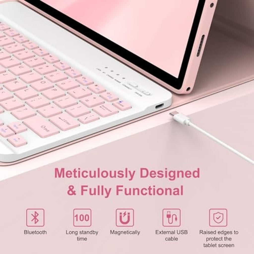Pink folio keyboard case with ports and raised edges for tablet screen protection