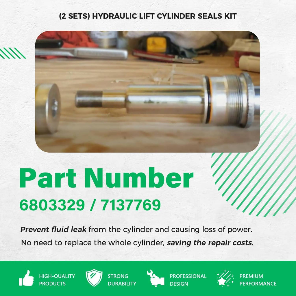 Hydraulic lift cylinder seal kit shown with hydraulic cylinder rod and included seal parts