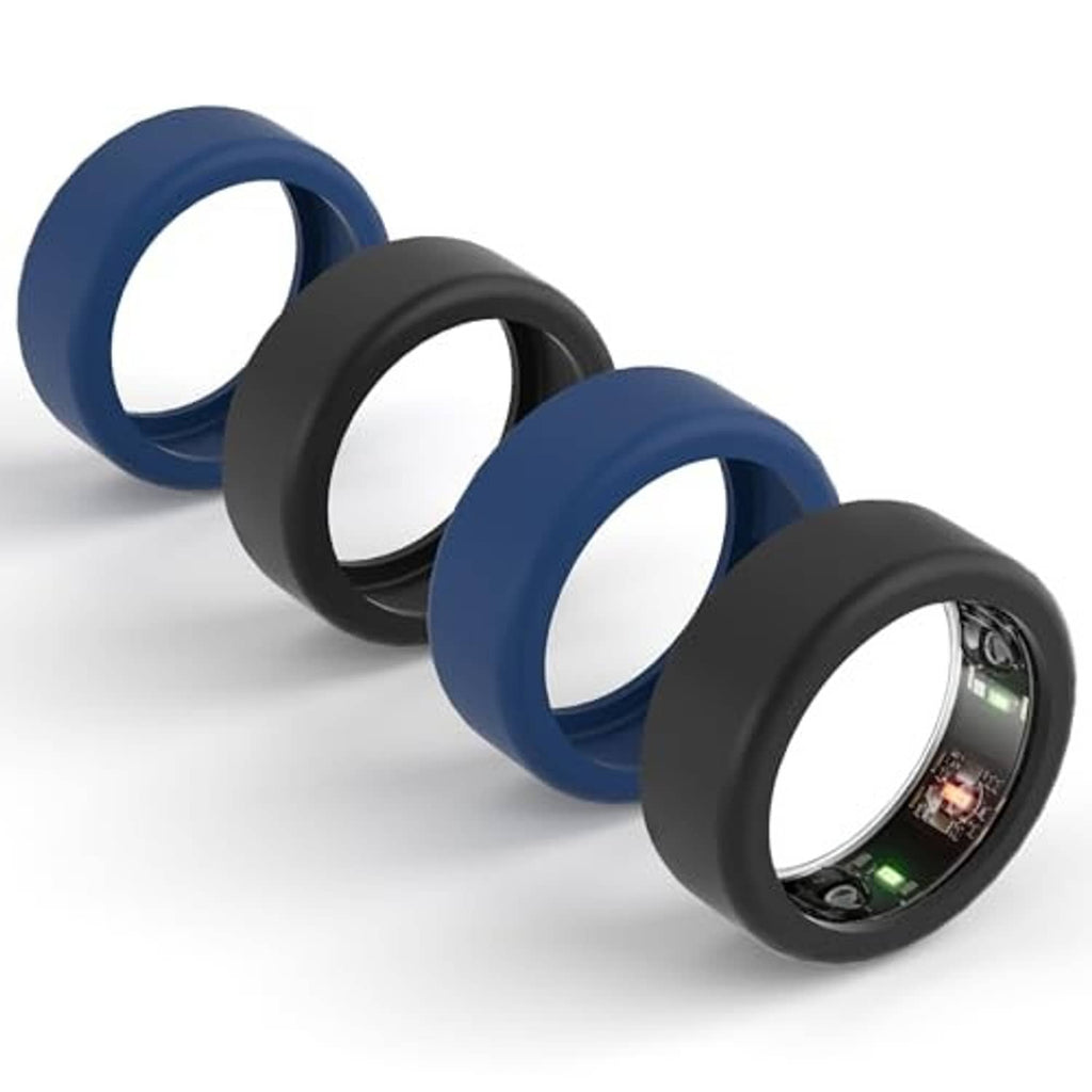 Four silicone ring protector sleeves in black and blue, open circular sensor window