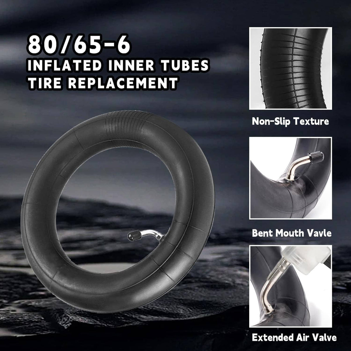 Inflated black 80/65-6 inner tube pair for tire replacement, non-slip texture