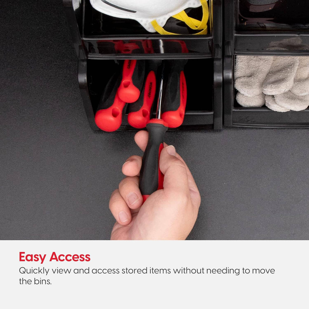 Black storage bin with red hand tools and a hand reaching into the compartment