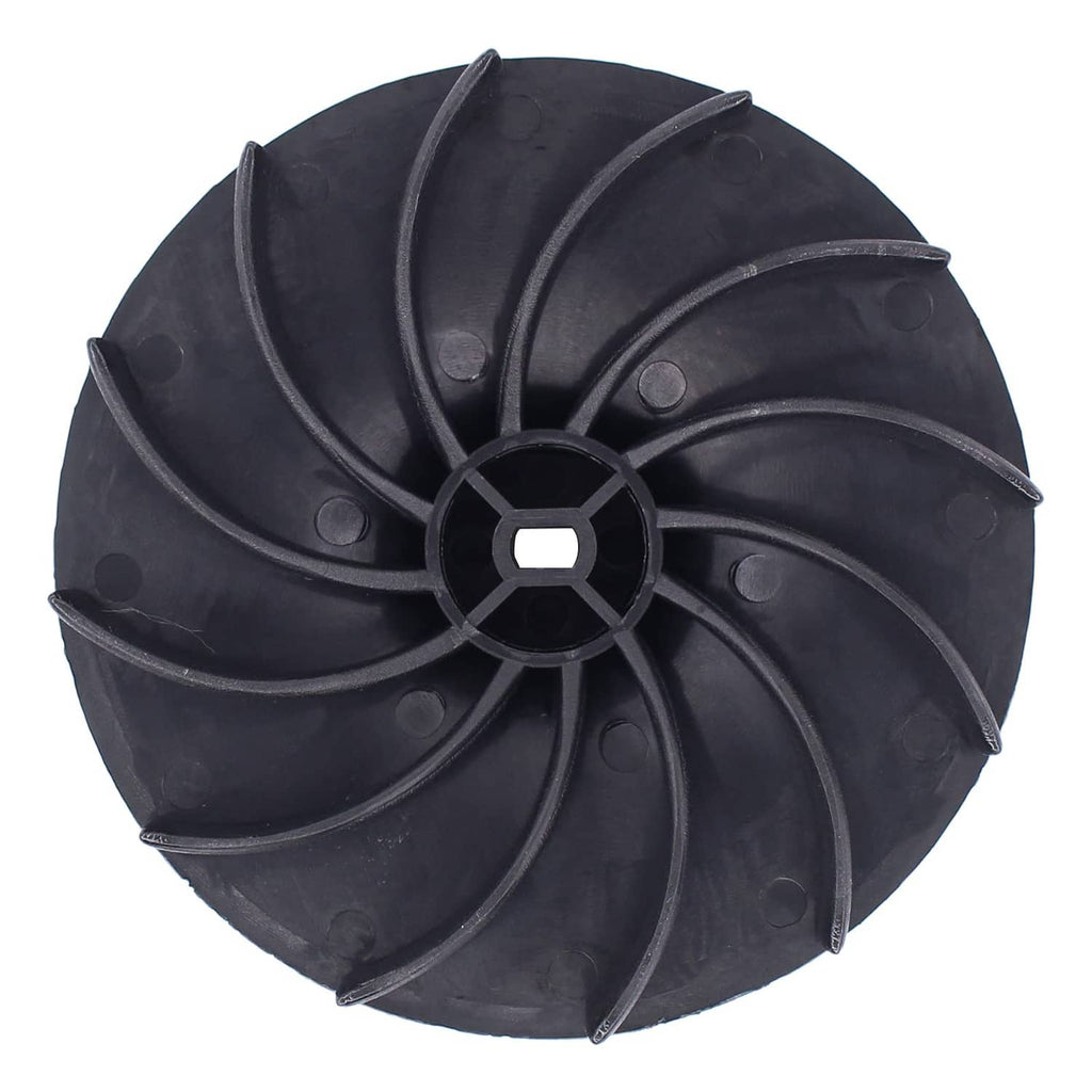 Black plastic impeller fan with circular hub and multiple curved vanes, side angle