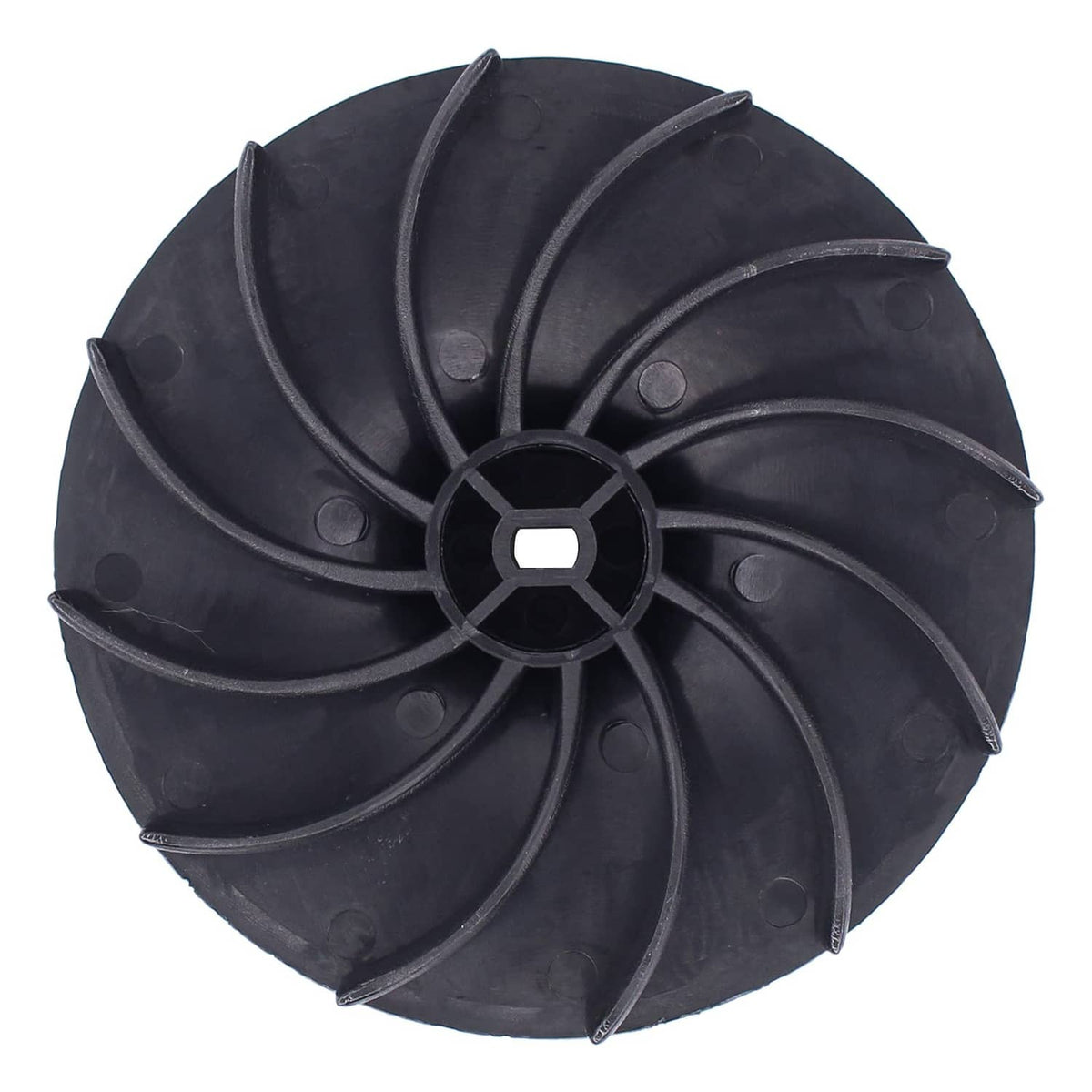Black plastic impeller fan with circular hub and multiple curved vanes, side angle
