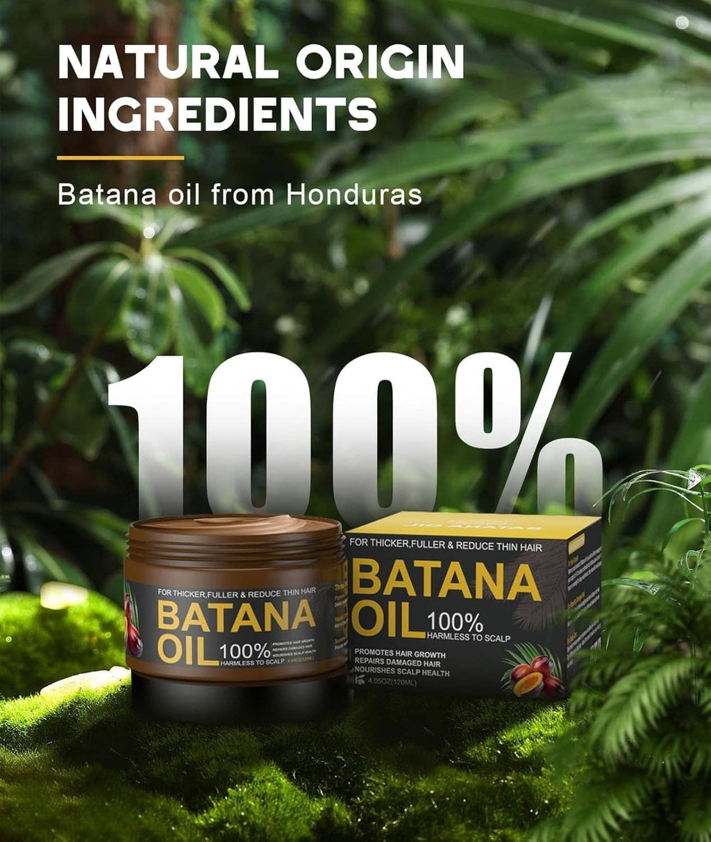 Batana oil hair treatment jar with 100% claim graphic