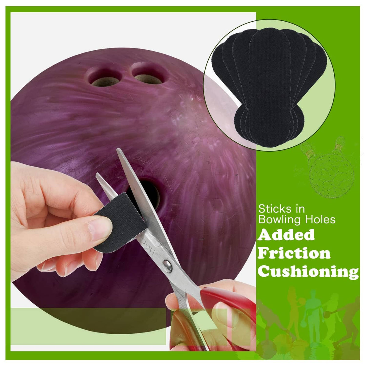 Black bowling thumb tape stickers being applied to a bowling ball thumb area