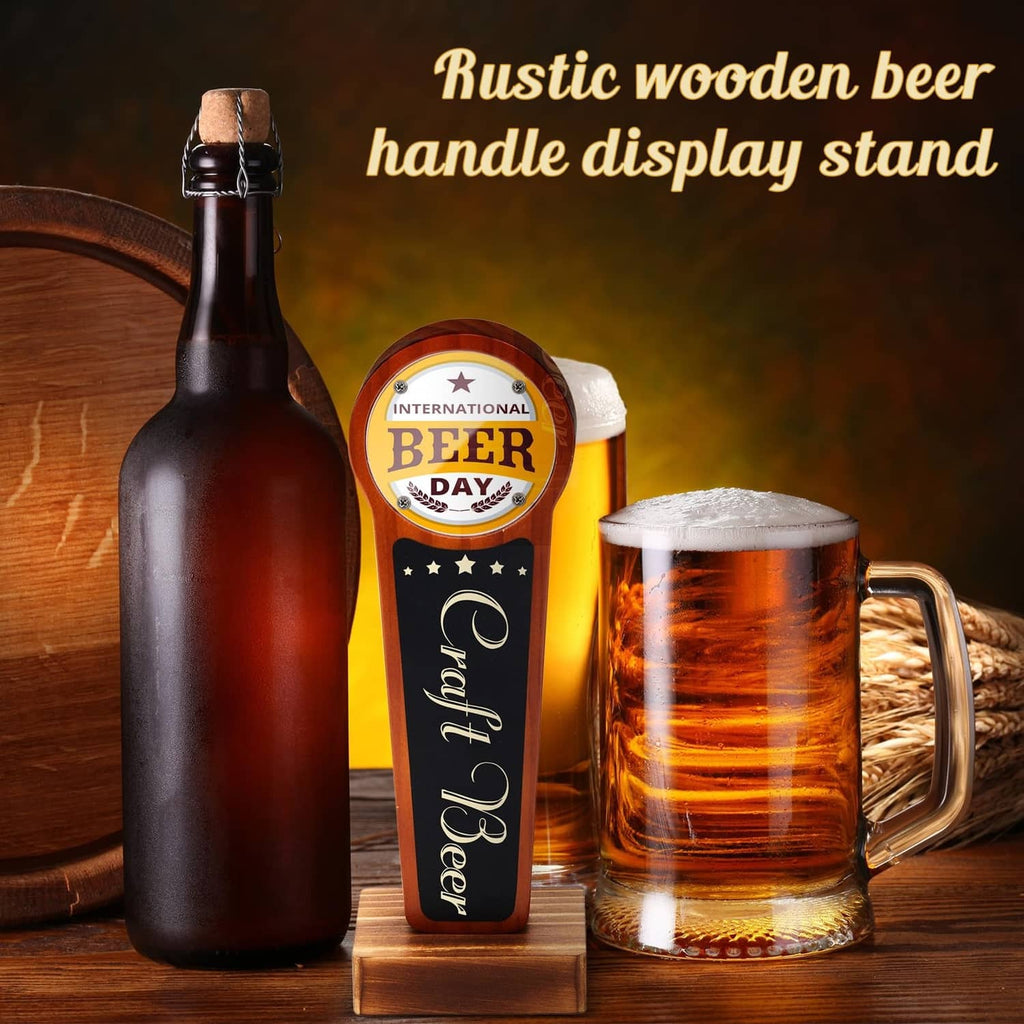 Rustic pine wood beer tap handle display stand with round-hole base and tap handle