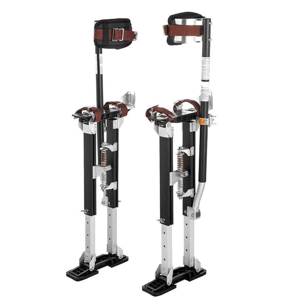 Pair of adjustable aluminum drywall stilts with spring levers and black straps