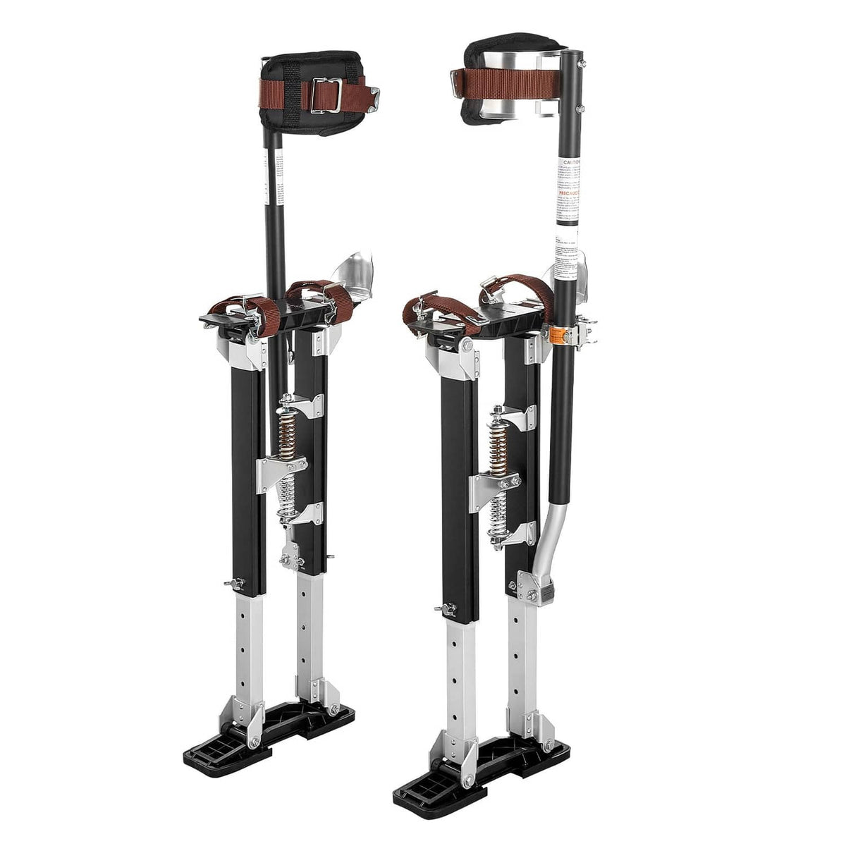 Pair of adjustable aluminum drywall stilts with spring levers and black straps
