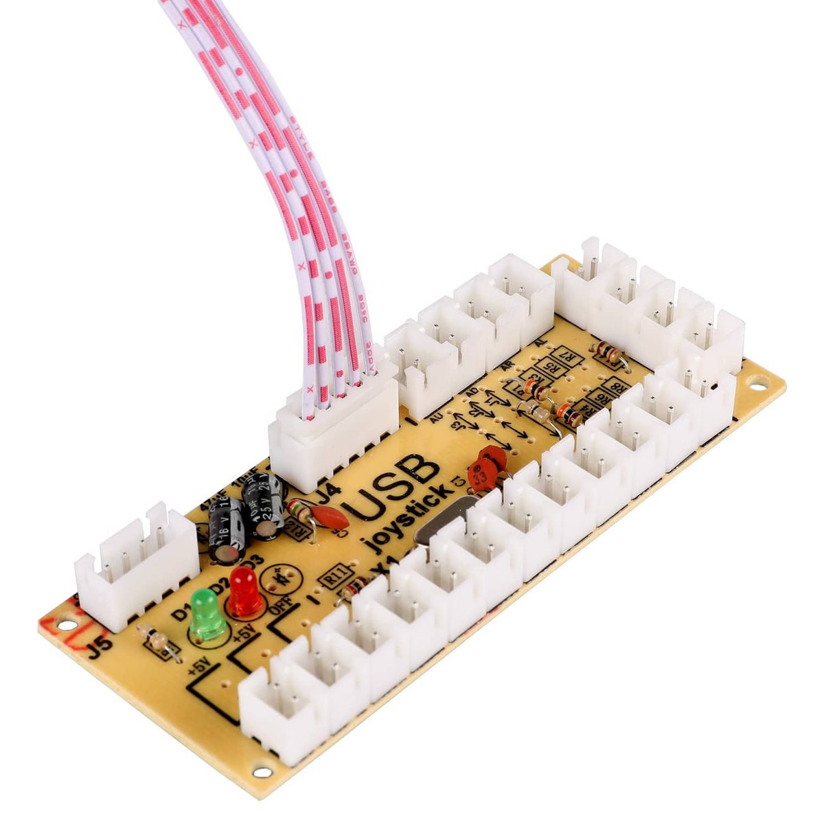 USB joystick encoder PCB with 5-pin socket blocks and multiple white ribbon cables