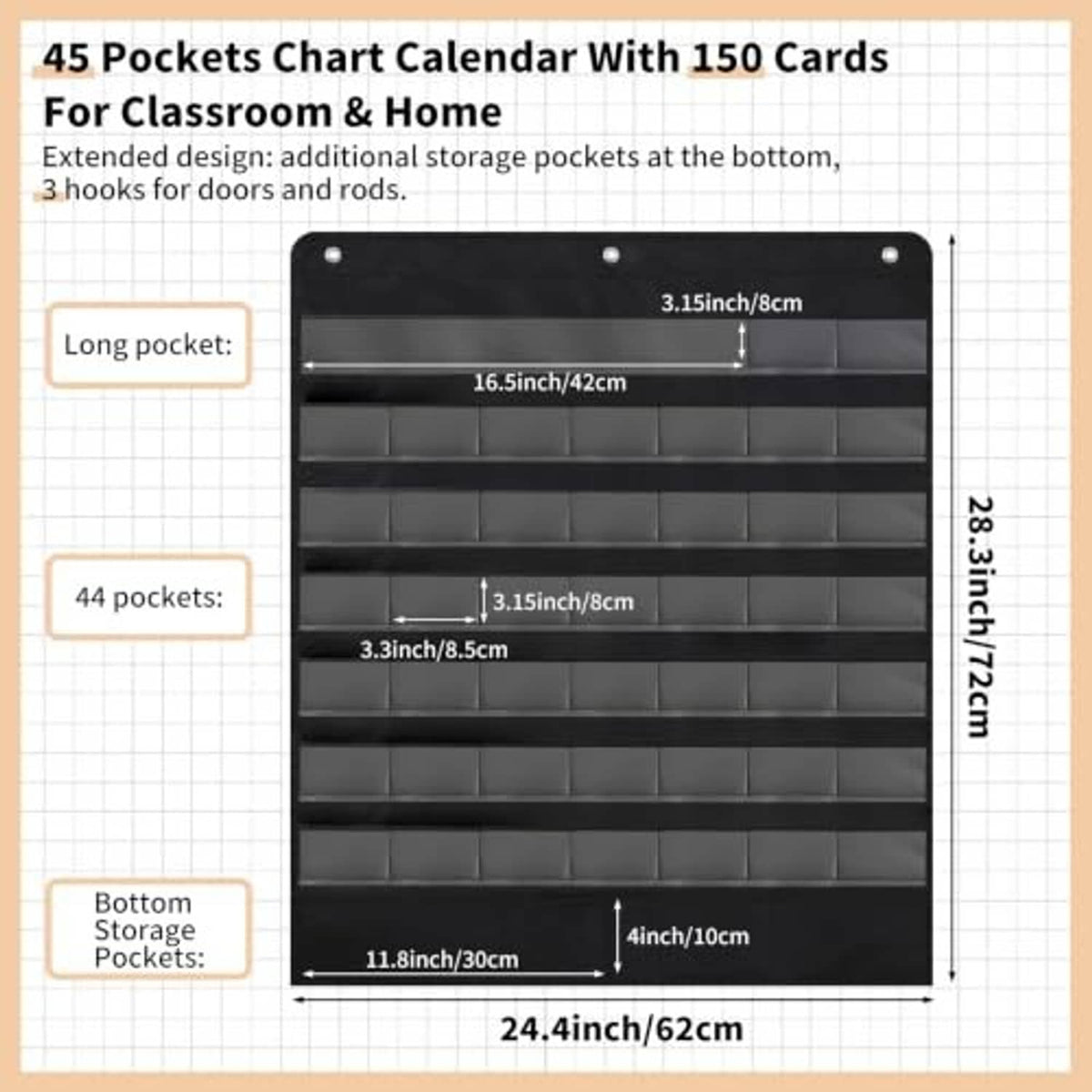 Black 45-pocket classroom calendar pocket chart with dimensions and bottom storage pockets