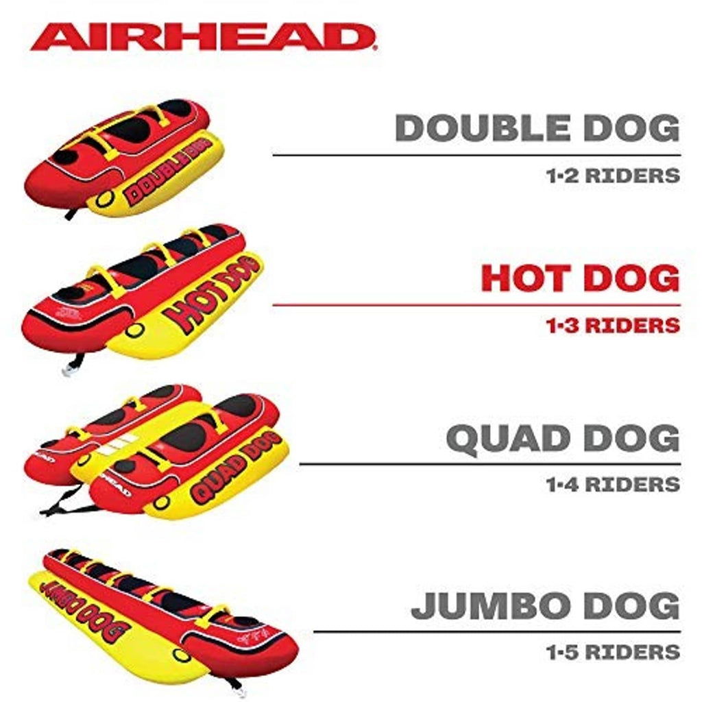 Airhead towable dog tube lineup: Double, Hot Dog, Quad and Jumbo with rider counts
