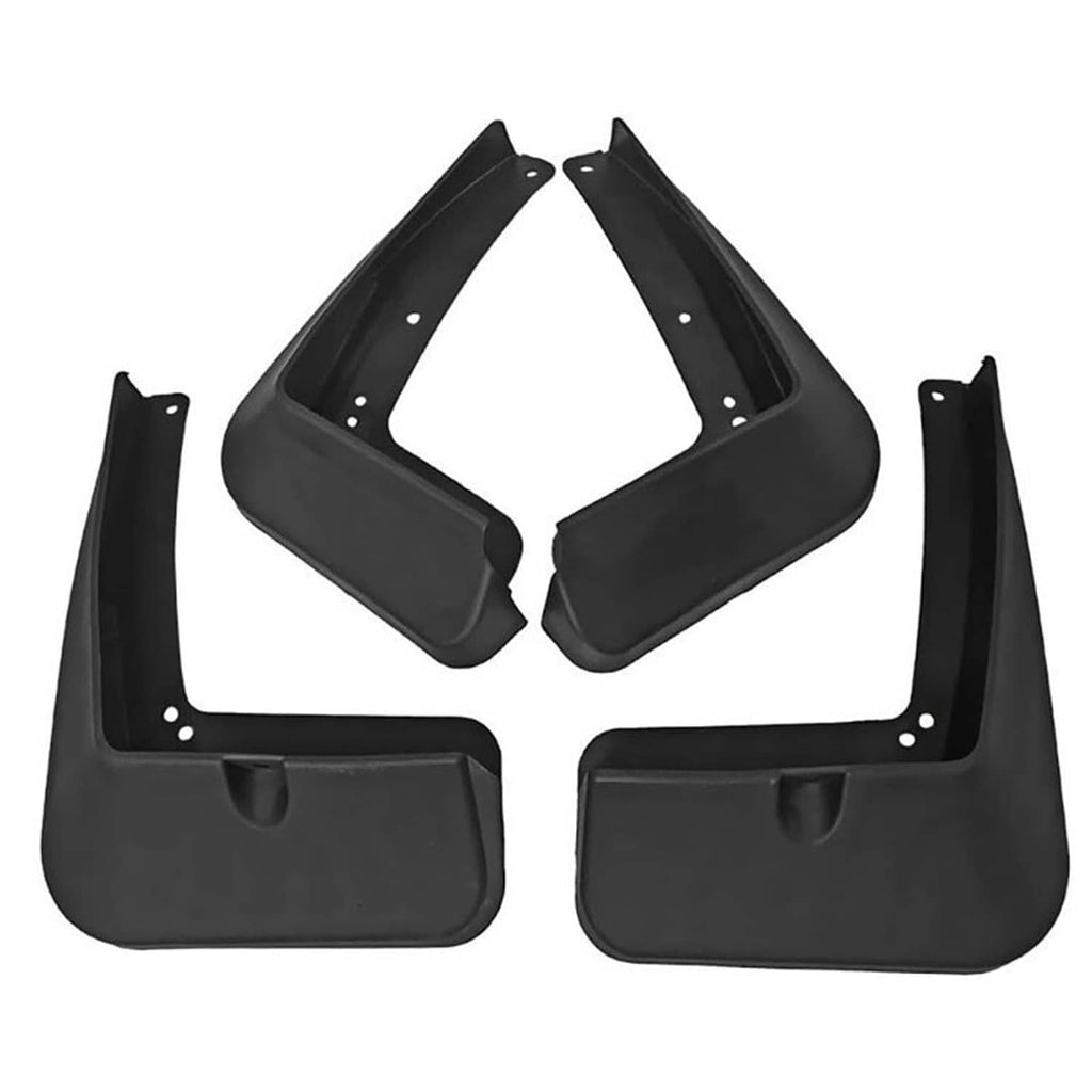 Set of black front and rear mud flaps with mounting holes for vehicle splash protection