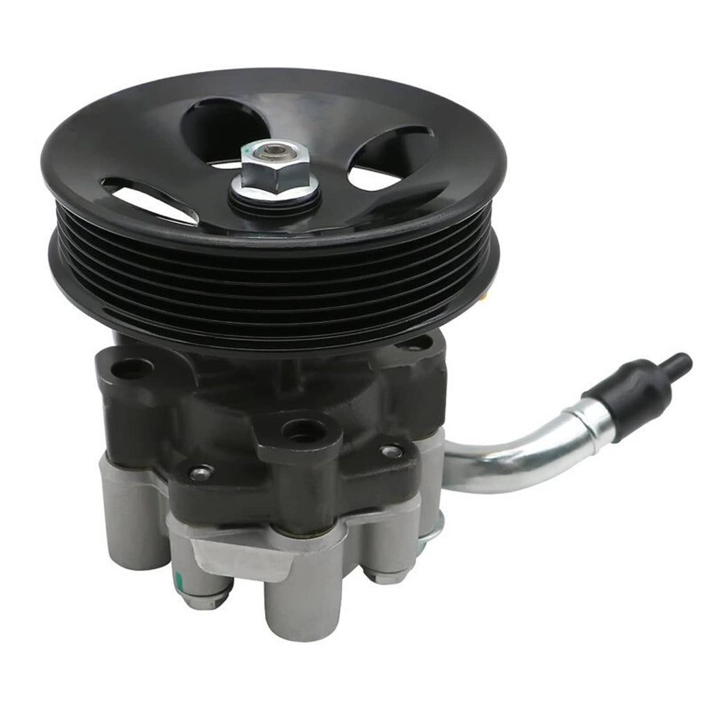 Power steering pump with black pulley and curved silver hose