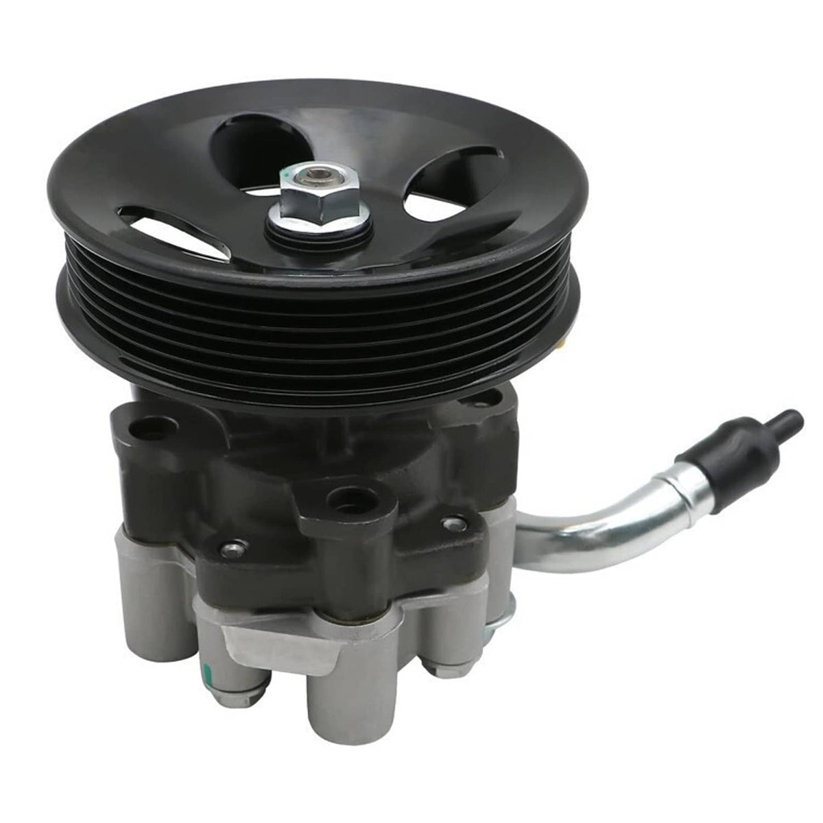 Power steering pump with black pulley and curved silver hose
